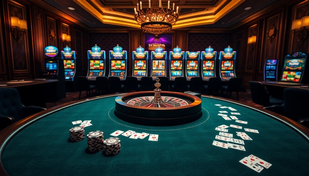 Experience TR88 excitement at a luxurious casino poker table surrounded by vibrant slots.