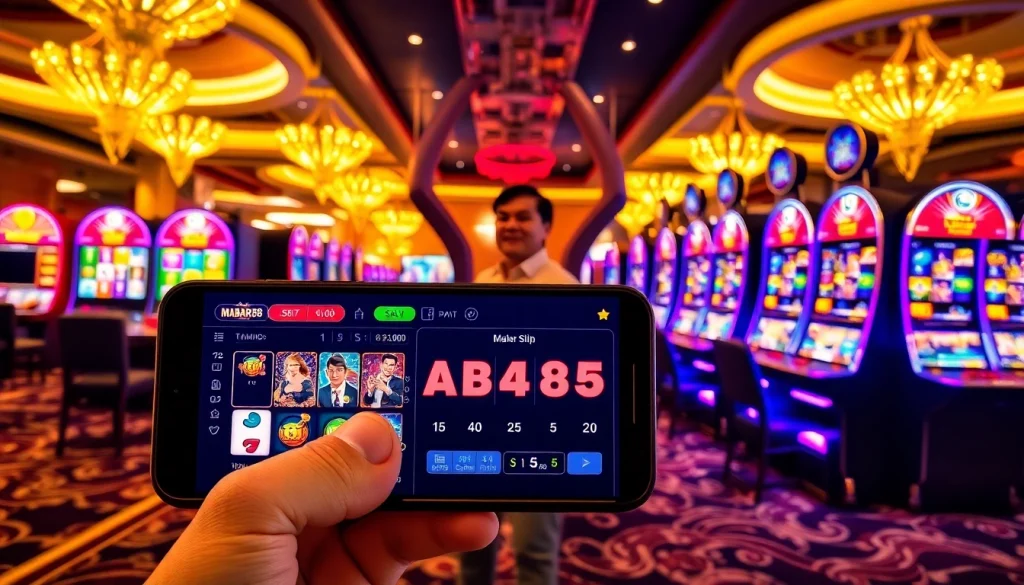 Perayaan kemenangan MABAR88 di kasino online yang meriah dengan mesin slot berwarna-warni dan pemain yang bersemangat.