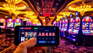 Perayaan kemenangan MABAR88 di kasino online yang meriah dengan mesin slot berwarna-warni dan pemain yang bersemangat.