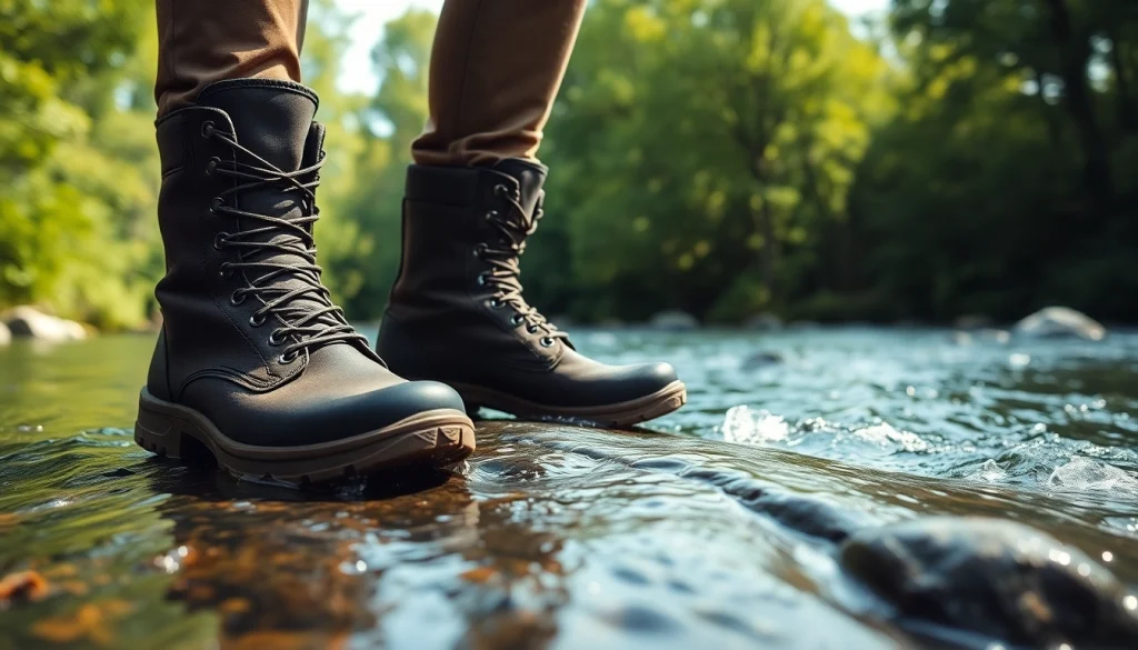 Stylish fly fishing boots on a river rock, showcasing durability and water resistance.