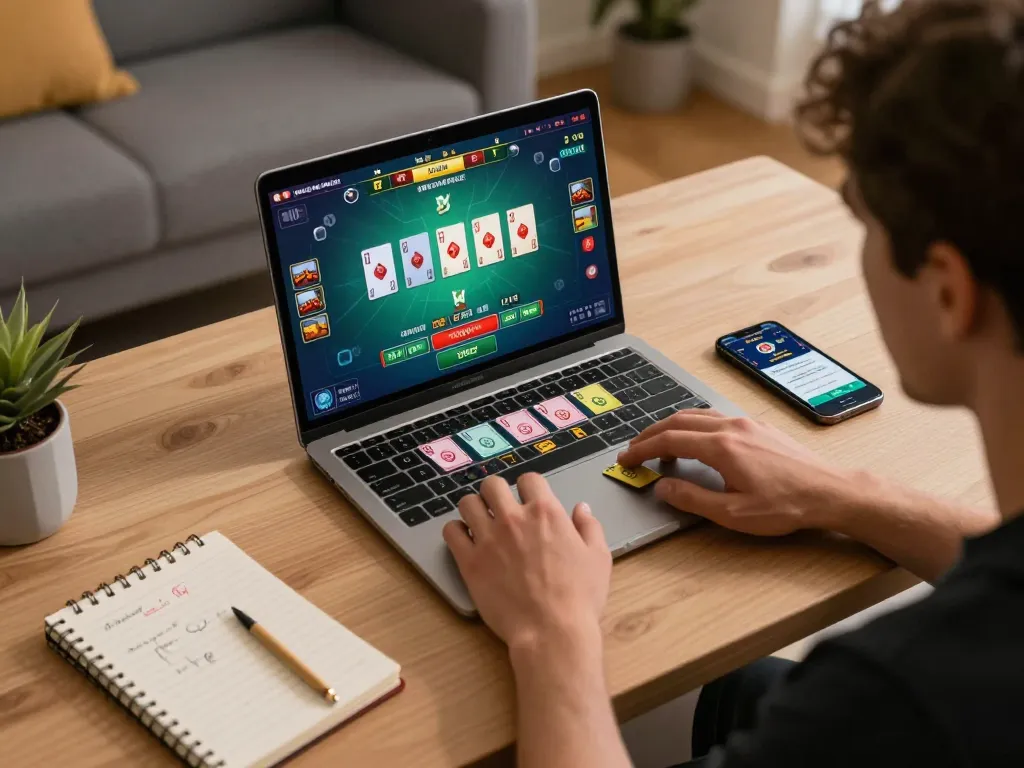 Player engaging with lc88 online casino live dealer game on laptop in cozy home setting.