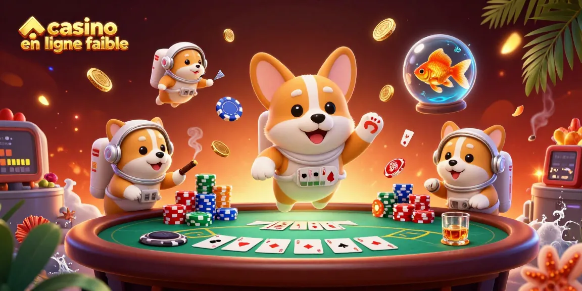 Visualisez un casino en ligne fiable avec un corgi astronaute flottant entouré de jetons de poker et de pièces d'or
