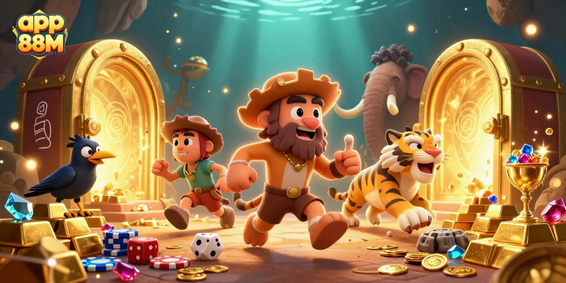 Experience thrilling wins with app 88M as the caveman duo commands a prehistoric casino in a vibrant illustration.