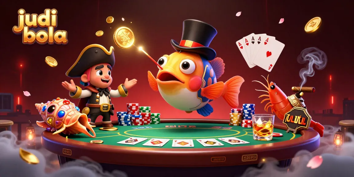 Engaging judi bola scene with a deep-sea anglerfish attracting golden coins and surrounded by poker elements.