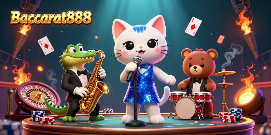 Baccarat888 offers exciting gameplay with a jazz-singer cat and casino elements in a vibrant 3D scene.